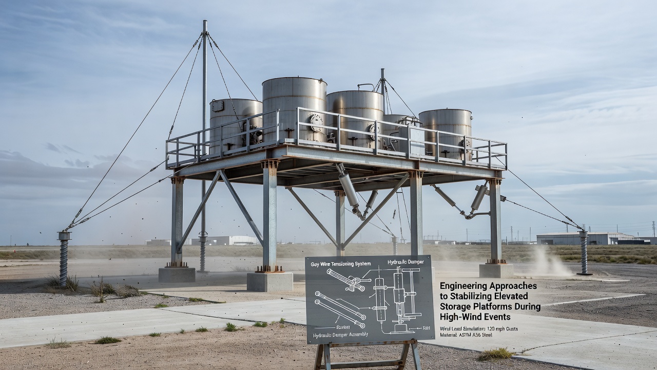 Close-up view of tuned mass damper installed on elevated platform framework with sensor array
