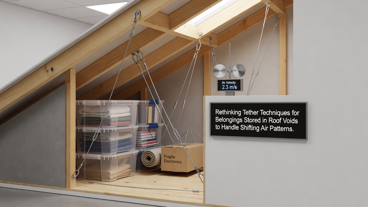 Close-up view of advanced tether hardware installed on storage bins inside an attic space
